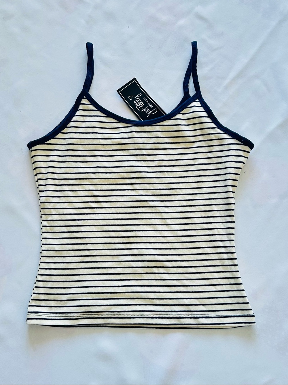 NWT Just Polly Large Cami Slip Beige Navy Blue Stripes Tank Stretch Cotton Blend